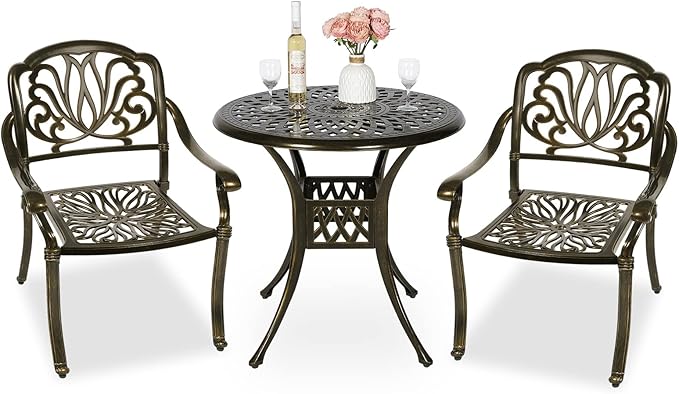 MEETWARM 3 Piece Patio Bistro Set, Outdoor All-Weather Cast Aluminum Dining Furniture Set Includes 2 Chairs and a 31” Round Table with Umbrella Hole for Garden Deck