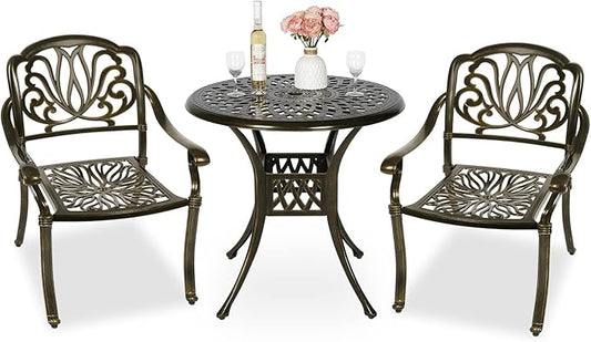 MEETWARM 3 Piece Patio Bistro Set, Outdoor All-Weather Cast Aluminum Dining Furniture Set Includes 2 Chairs and a 31” Round Table with Umbrella Hole for Garden Deck