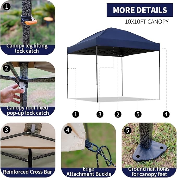 10x10 Pop Up Canopy Tent with 2 Sidewalls, Easy Up Canopy Upgraded Outdoor Party Sun Shade Tent Portable Gazebo for Beach Camping Events with Carry Bag and 4 Sand Bags (Navy Blue-New)
