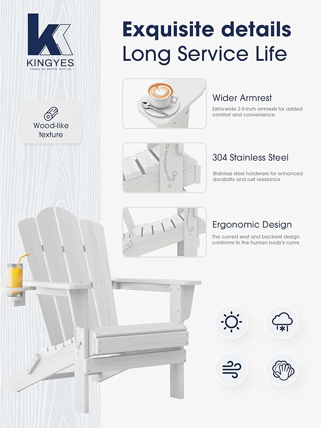 KINGYES Folding Adirondack Chair Set of 8, HDPE All-Weather Patio Chairs with Cup Holder, Wooden Textured Fire Pit Chairs for Poolside, Backyard, Deck, White