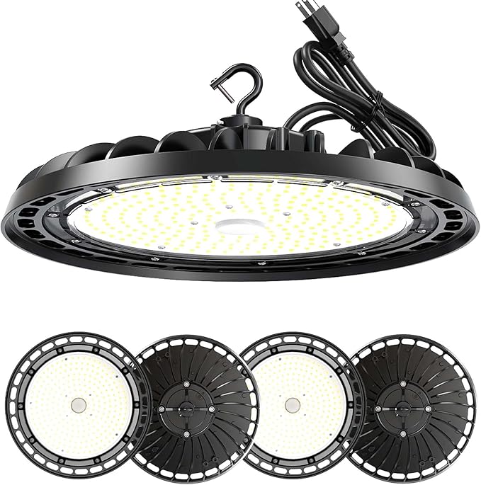 LED High Bay Light 240W PREM 4-Pack, 12' UFO Commercial Lighting Fixture w/Plug for Garage Shop Warehouse Workshop, 5000k 35000lm Dimmable IP65 UL ETL Listed (Count of 4)