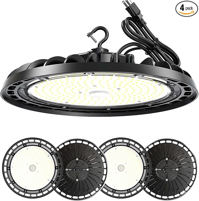 LED High Bay Light 200W PREM 4-Pack, 12' UFO Commercial Lighting Fixture w/Plug for Garage Shop Warehouse Workshop, 5000k 28000lm Dimmable IP65 UL ETL Listed (Count of 4)