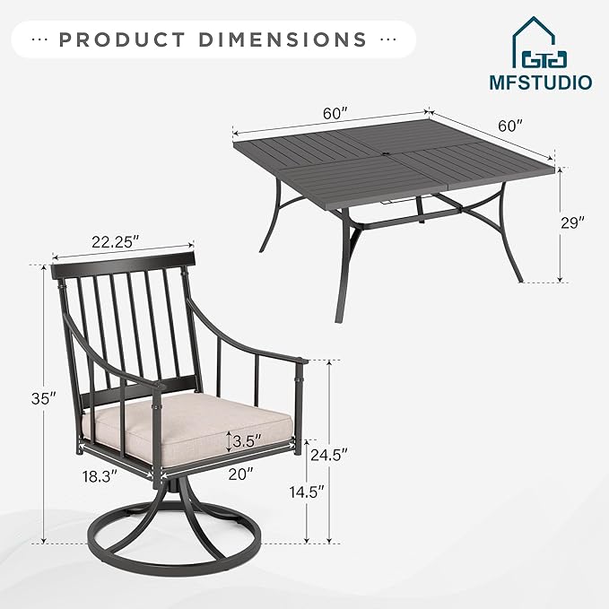 MFSTUDIO 9 PCS Outdoor Patio Dining Set, 8 Metal Swivel Chairs with Removable Cushions and 1 Square Dining Table with 1.57" -1.9" Adjustable Umbrella Hole Furniture Sets for Lawn Backyard Garden