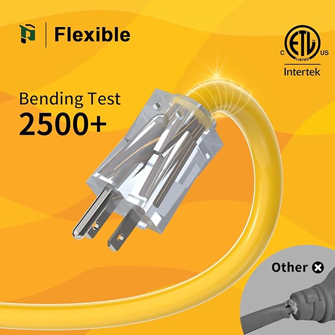 PLUGTUL 12 Gauge Extension Cord 50 Ft, Heavy Duty Outdoor Extension Cord Waterproof Lighted End SJTW, 3 Prong Grounded Plug for Safety, 15A 1875W, ETL Listed, Great for Garden and Home, Yellow