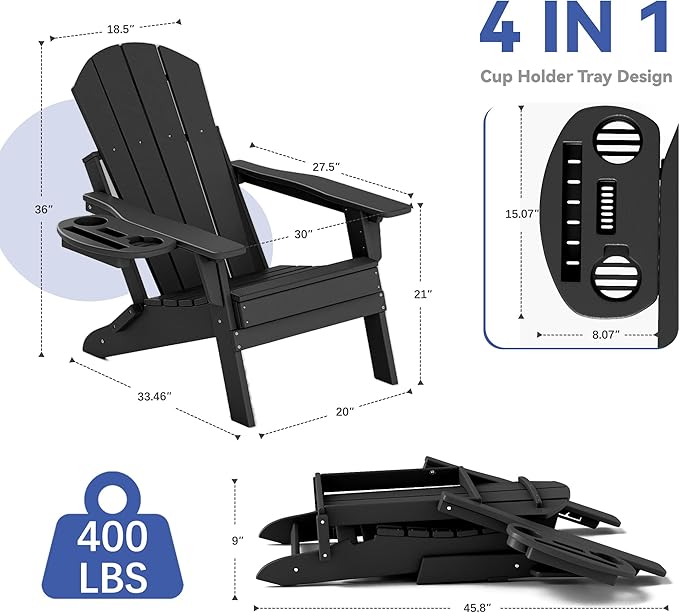 FOOWIN Folding Adjustable Adirondack Chair Set of 4,HDPE Adirondack Chair w/4 in 1 Cup Holder Trays,All-Weather Resistant Fire Pit Chair, Outdoor Chair for Patio Lawn Poolside,400lbs,Black