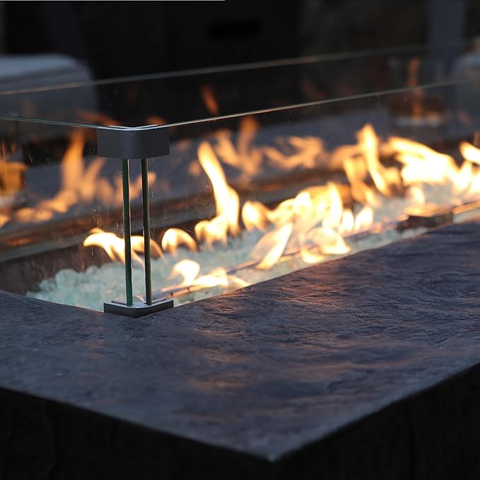 48 Inch Propane Fire Pit Table, Outdoor Rectangle Fire Table w Tank Table (50,000 BTU), 3 Piece Slate Gas Fire Pit in Dark Grey w Glass Wind Guard and White Fire Glass for Garden, Backyard