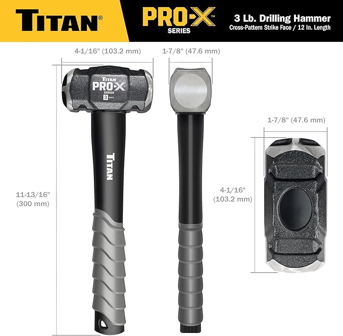 Titan Pro-X 63013 3lb Drilling Hammer, Dual-Face Sledge with Cross-Pattern Face for Concentrated Power & Flat Face for Stake Driving, Overstrike Protection, 12" Fiberglass Handle with Textured Grip