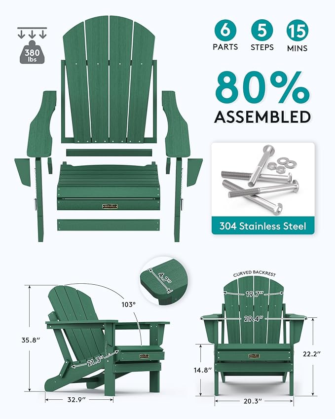 SERWALL Folding Adirondack Chair Outdoor Adirondack Chairs Weather Resistant Patio Chair Weather Resistant for Patio Deck Garden, Backyard Deck, Fire Pit - Green