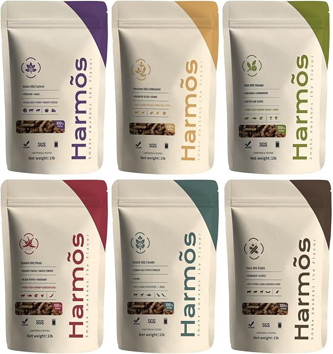 Harmos 4-Wood Pellets Variety Pack, 6 Flavors - All-Natural BBQ Pellets for Ninja Woodfire Grill & Outdoor Cooking, Resealable Bags, 6 Packs