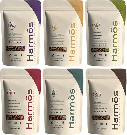 Harmos 4-Wood Pellets Variety Pack, 6 Flavors - All-Natural BBQ Pellets for Ninja Woodfire Grill & Outdoor Cooking, Resealable Bags, 6 Packs