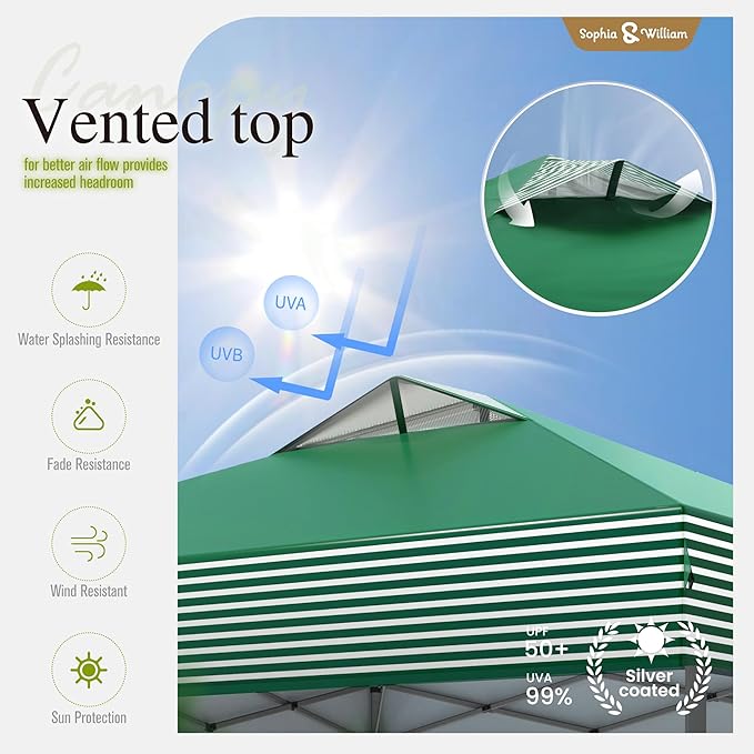 Sophia & William Canopy Tent Pop Up 10x10 ft, Outdoor Patio Portable Commercial Canopies Shelter Heavy Duty Straight Legs with Roller Bag, 8 Stakes, 4 Guy Ropes, UPF50+, Green & White Stripes