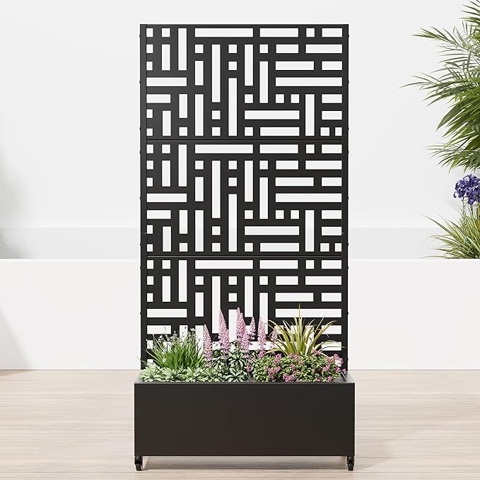 Casaphoria Raised Garden Bed Metal Planter Box with Trellis, 72"x35"x16" for Outdoor Climbing Plants, Flowers Vegetables and Vines Privacy Screen with Wheels and Drainage Holes(Black Street)