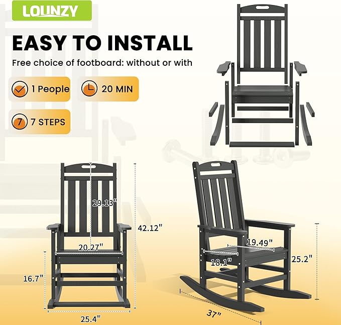 LOUNZY Outdoor Rocking Chair, HDPE Patio Rocking Chair with Footboard for Adults, All Weather Heavy Duty Front Porch Rocker, Grey