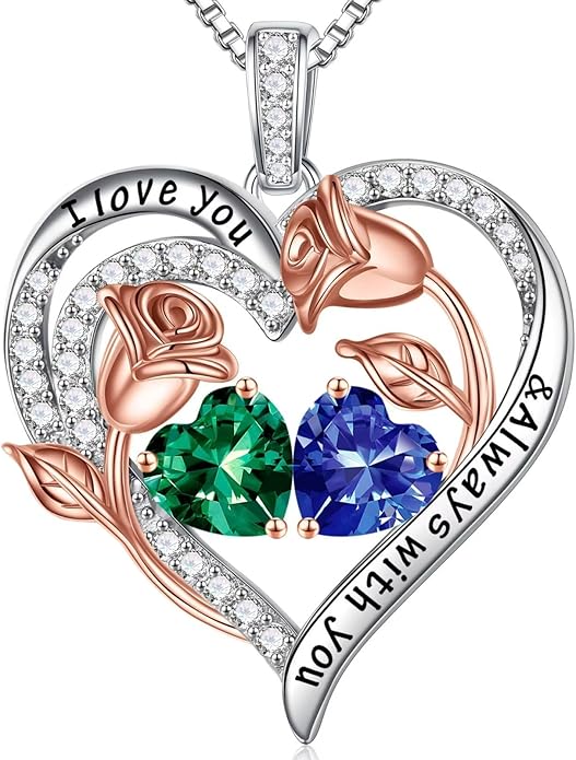 Iefil Christmas Gifts for Women Wife - 925 Sterling Silver Rose Heart Birthstone Necklace Birthday Anniversary Jewelry Gifts for Her Wife Mom Daughter