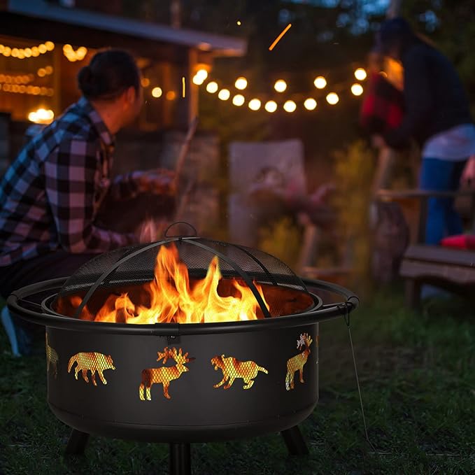 PHI VILLA 36" Outdoor Wood Burning Firepit, Large Patio Deep Bowl Steel Fire Pits with Animal Cutouts Pattern, Poker & Spark Screen