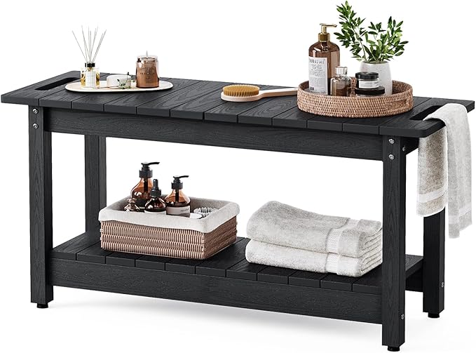 Stoog 35.5" Large Shower Bench, Waterproof Shower Stool with Storage Shelf and Handles, Adjustable and Non-Slip Feet, Shower Chair for Inside Shower, Black