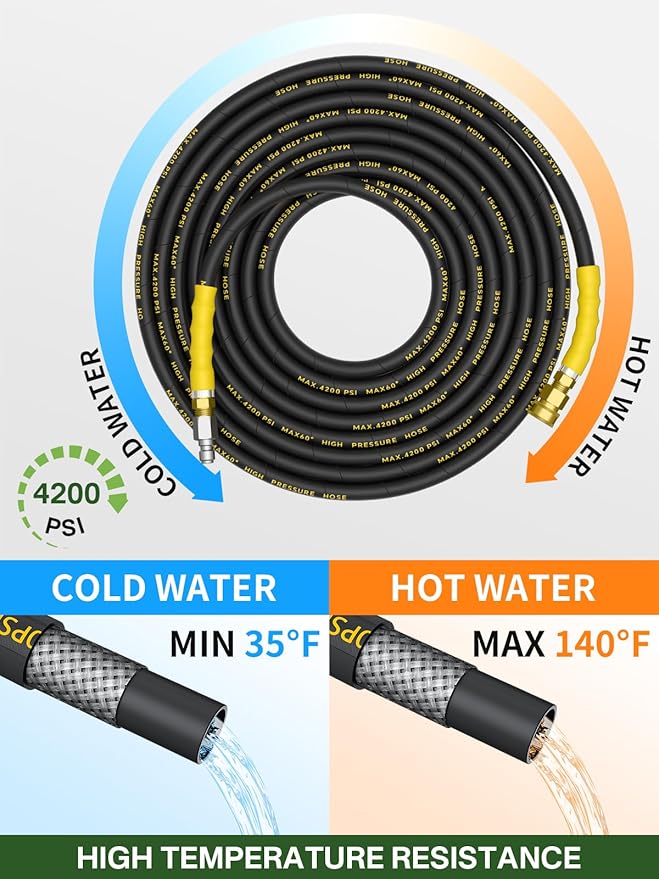 4200PSI Pressure Washer Hose 150FT with 3/8" Swivel Quick Connect for Cold/Hot Water, Kink Resistant Steel Wire Braided, Wear Resistant Power Washer Hose with 2 M22 14mm Adapter Set