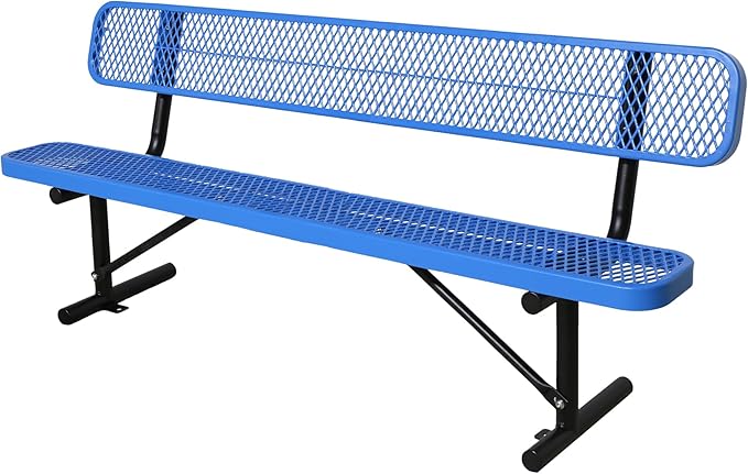 8 FT Steel Park Bench for Outside, Outdoor Bench with Backrest & Portable Frame, Thermoplastic Coating, Commercial Benches for Shopping Mall, Store, Park, Patio, Deck, Blue