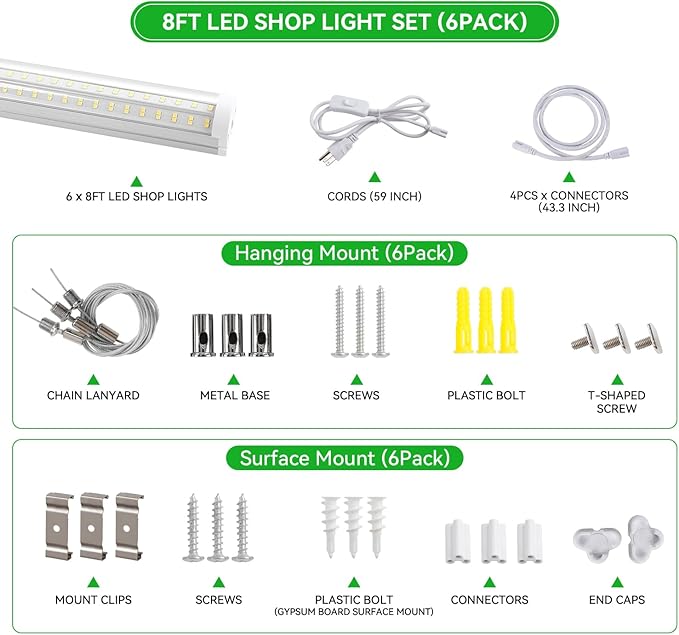 T12 8FT LED Shop Light Garage light,130W 5000K 20800LM Daylight Color,Hanging/Surface Mount,Super Bright,Plug and Play,Linkable Commercial Bay Lighting for Warehouse Basement Workshop 6Pack