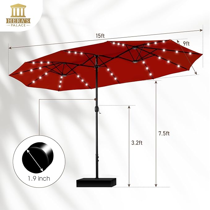 HERA'S PALACE 15ft Patio Umbrella with Base Included Double Sided Outdoor Umbrella for Patio Table Umbrella Outdoor 36 LED Solar Lights for Garden