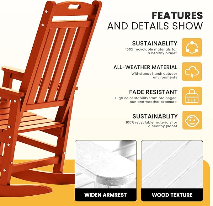 LOUNZY Outdoor Rocking Chair with Footboards Set of 4, HDPE Rocking Chair Patio Porch Rocker with 380lbs Support for Adult, Orange