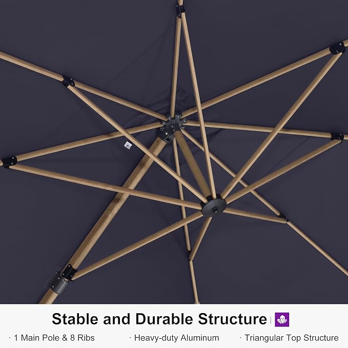 PURPLE LEAF 9' x 12' Rectangle Patio Cantilever Umbrella With Base Large Hanging Umbrella Teak Finished Aluminum Frame Windproof Offset Outdoor Sun Umbrellas for Beach Pool Deck, Navy Blue