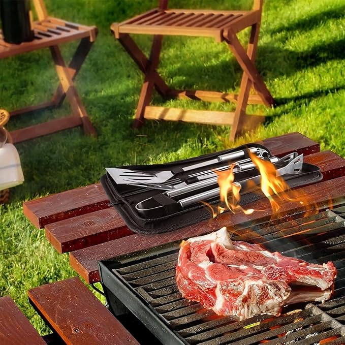 BBQ Grill Tool Set, 3Pcs Stainless Steel Barbeque Grilling Tool Set, Includes a Spatula/Fork/Pair of Tongs, and a Cloth Storage Bag, BBQ Tools for Backyard Outdoor Kitchen (3 Pack)