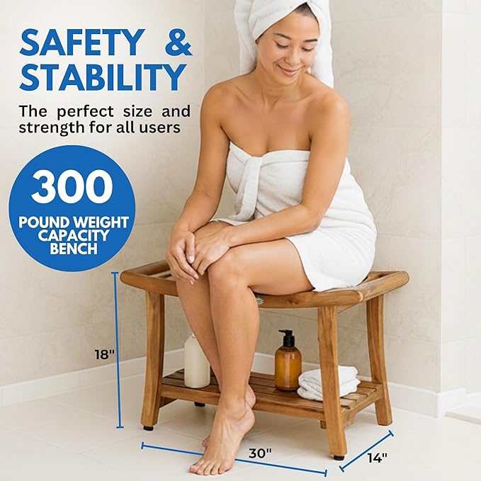 EcoDecors 30 Inch Harmony Natural Color Waterproof Teak Wood Shower Bench Stool Seat Chair For Inside Shower Storage Shelf Provides Safety, Storage, and Organization For Bathroom Accessories