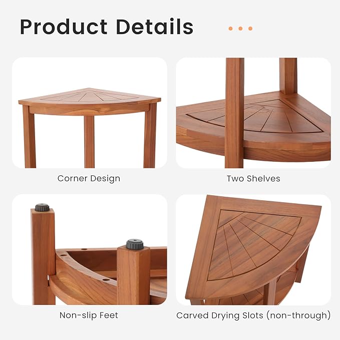 EROMMY 16.8" Teak Shower Bench for Inside Shower, Teak Corner Shower Bench, Waterproof Bath Chair, Shower Stool for Shaving Legs,Space Corner Shower Shelf for Showers & Small Bathrooms