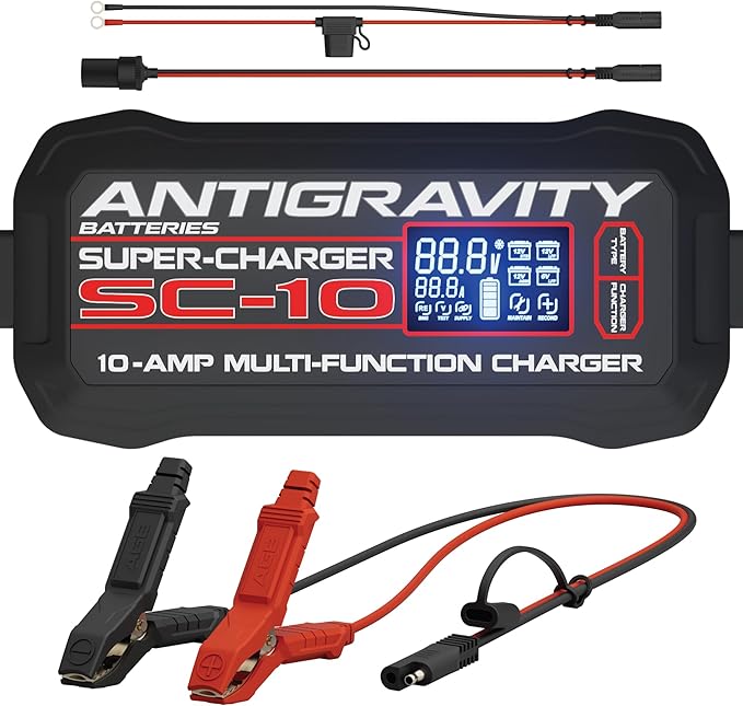 Antigravity SC-10 Super-Charger – 10A Smart Battery Charger & Maintainer for 6V/12V Lithium (LiFePO4) & Lead-Acid Batteries – LCD Display, Power Supply, BMS Reset, Multi-Protection