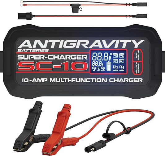 Antigravity SC-10 Super-Charger – 10A Smart Battery Charger & Maintainer for 6V/12V Lithium (LiFePO4) & Lead-Acid Batteries – LCD Display, Power Supply, BMS Reset, Multi-Protection