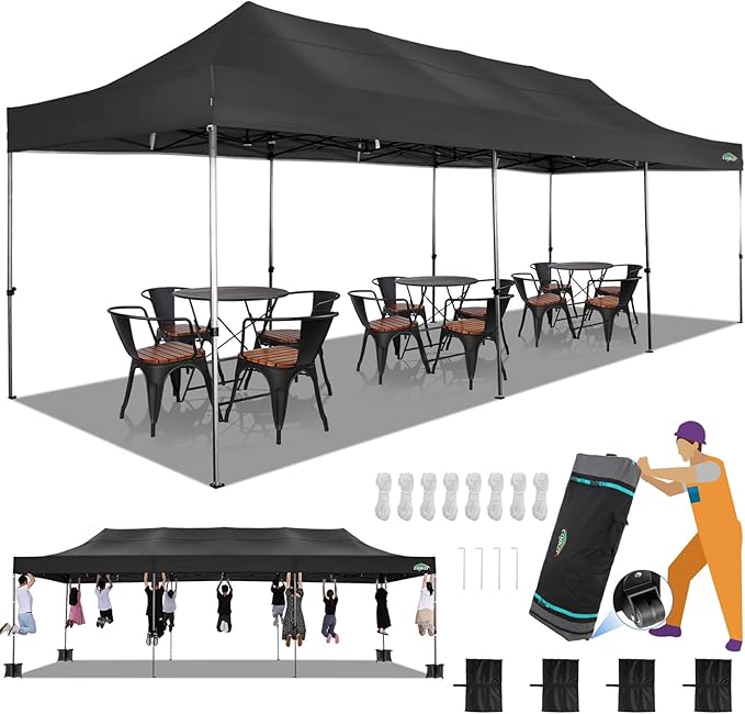 COBIZI 10x30 Heavy Duty Pop up Canopy Party Tent for Parties Weddings Events UPF 50+ Waterproof Commercial Gazebo with Roller Bag, Black