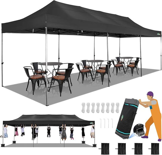 COBIZI 10x30 Heavy Duty Pop up Canopy Party Tent for Parties Weddings Events UPF 50+ Waterproof Commercial Gazebo with Roller Bag, Black