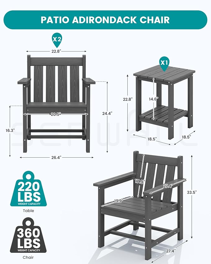 SERWALL 3 Pieces Patio Bistro Set, All Weather Adirondack Chair Set with Side Table, HDPE Material Outdoor Patio Furniture Set for Balcony, Porch, Garden, Backyard- Gray