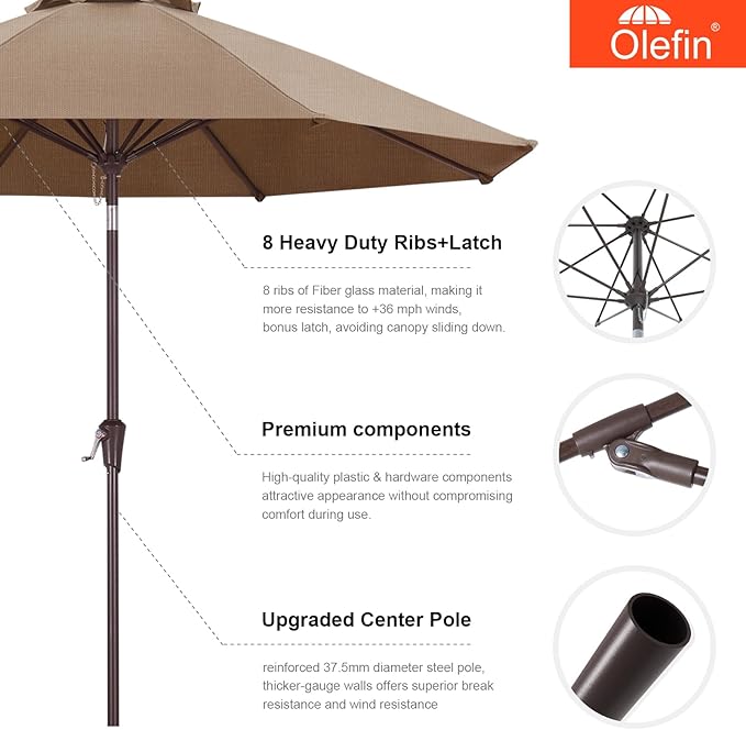 MASTERCANOPY Olefin 5-Year-Non-Fading 9ft Patio Umbrella with Tilt and Crank, Large UV Resistant Outdoor Table Umbrella with 8 Fiberglass Ribs for Deck, Yard & Market, Light Coffee
