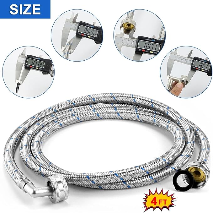 AMI PARTS 4ft Premium Burst-Proof Stainless Steel Washing Machine Hoses With 90 Degree Elbow - Suitable for All Washers - Red and Blue Striped Water Connection Inlet Supply Lines (2 Pack)