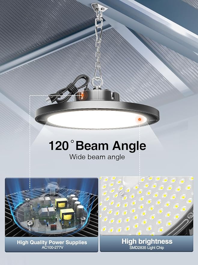 Super Bright 250W 35000LM 8pack UFO LED High Bay Light,5000k High Bay LED Shop Lights with Plug 5ft Cable Hanging Hook Safe Rope, Shop Lights for Garage Factory Workshop Warehouse Barn