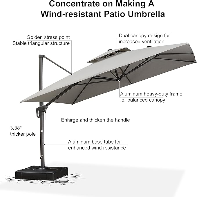PURPLE LEAF 11 FT Cantilever Umbrella Outdoor Patio Umbrella Large Offset Square Umbrella Windproof Heavy Duty Hanging Outside Umbrellas for Patio, Pebble Grey