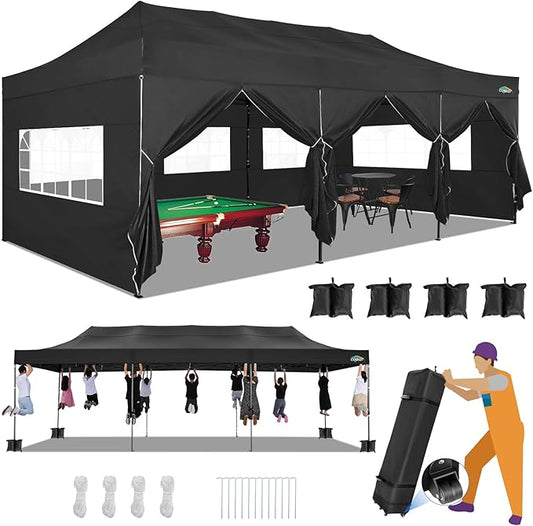 COBIZI 10x30 Heavy Duty Pop up Canopy with 8 sidewalls Stable Wedding Outdoor Tents for Parties Canopy Pop Up Party Tent UPF 50+ Waterproof Commercial Gazebo with Roller Bag, Black(Windproof Upgraded)