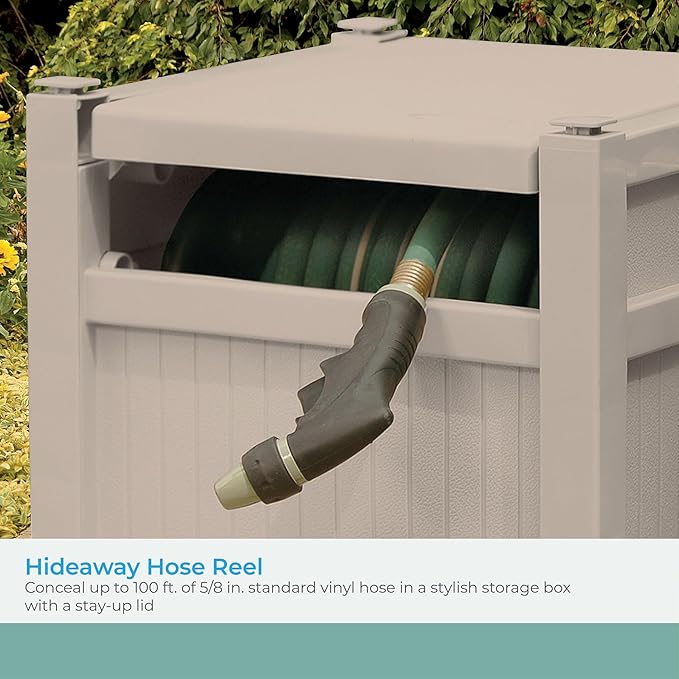 Suncast Garden Hose Reel Hideaway for 5/8" Hoses, Retracting Storage of 100ft, Light Taupe