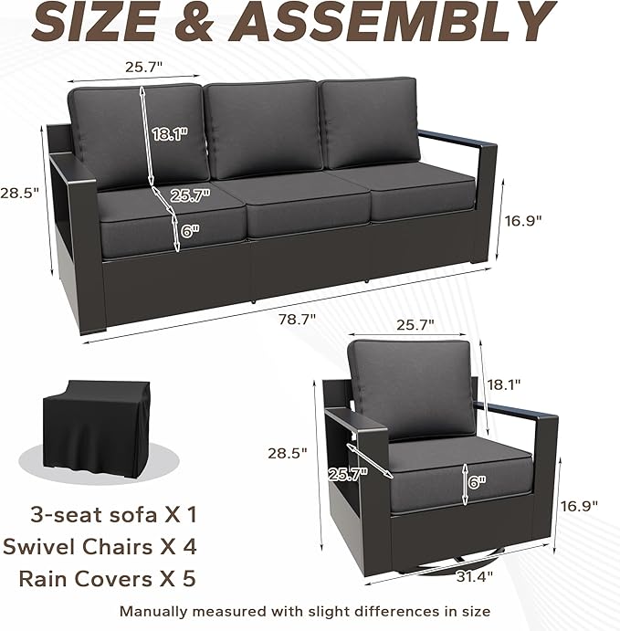 Aluminum Outdoor Conversation Furniture Set - All Weather Patio 79" Sofa with 4 Swivel Rocker Chairs, 6" Water-Resistant Cushions & Furniture Covers & Metal Armrest for Backyard (Grey)