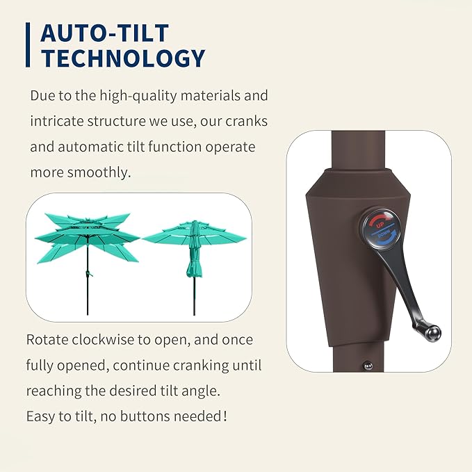9FT 3 Tiers Patio Umbrella With Auto Tilt and Crank, Outdoor Table Market Umbrella with 8 Sturdy Ribs for Garden,Lawn,Deck,Backyard and Pool,Peacock Blue