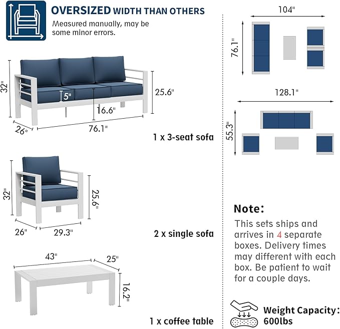 UDPATIO 6 Piece Aluminum Patio Furniture Set, Oversized Modern Outdoor Furniture Set with Olefin Fabric Cushion for Patio Deck Backyard, White/Navy(with Waterproof Covers)