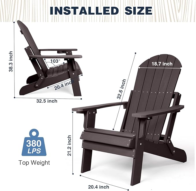 Folding Adirondack Chairs Set of 4, All Weather Resistant Plastic Chair with Cup Holder, Fold or Unfold Easily in 1 Second, Outdoor Chairs for Patio, Garden, Backyard Deck, Lawn Fire Pit(Brown)