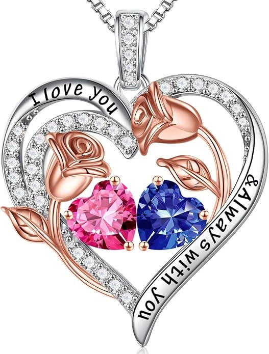 Iefil Christmas Gifts for Women Wife - 925 Sterling Silver Rose Heart Birthstone Necklace Birthday Anniversary Jewelry Gifts for Her Wife Mom Daughter