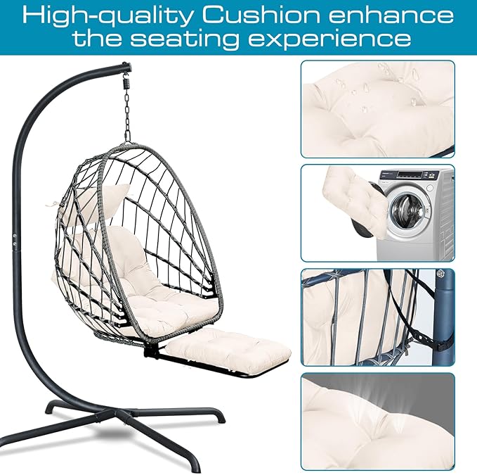 Hanging Egg Chair with Leg Rest and Stand – Rattan Wicker Swing Hammock Chair, UV-Resistant Cushion, Heavy-Duty Frame for Indoor & Outdoor Patio, Bedroom, Balcony, Garden – 330 lbs Capacity(Beige)