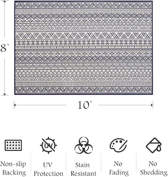 Outdoor Rug Carpet 8x10 ft, Flatweave Textured Outdoor Patio Rug Non Slip Indoor Outdoor Rugs with Rubber Particles Backing Boho Outdoor Area Rug for Patio Deck Front Porch Backyard Balcony, Navy