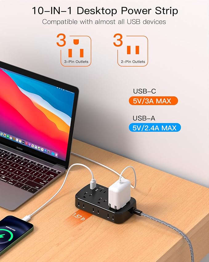 Extension Cord 25 Ft, BESHON Flat Plug Power Strip with 6 Outlets with 4 USB Ports(2 USB C), No Surge Protector for Home Office College Dorm Room Travel Essentials, Black