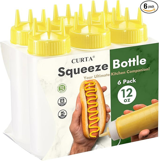 CURTA 6-Pack 12 oz Clear Squeeze Bottle with 3 Open Tips, BPA-Free Easy-to-Squeeze Plastic Condiment Dispenser with oz & ml Markings for Sauce, Oil, Dressing, Dishwasher Safe, Yellow