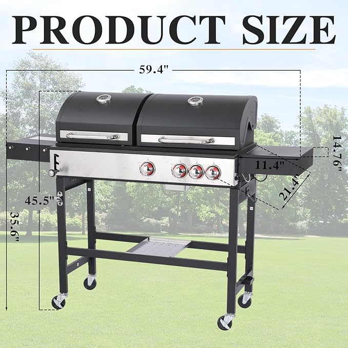 CIG GARDEN Gas and Charcoal Combo Grill, 3 Burner Propane Gas Grill with Side Burner, Cast Iron Grates Outdoor Barbecue Grill with 41,500 BTU Output, Perfect for Outdoor Cooking, Balcony, Camping
